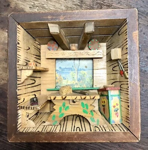 Vintage DEUTSCHE Volkskunst BAYERISCH/ALPIN Küche Schattenbox DIORAMA 3D Wandkunst - Bild 1 von 7