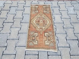 Mini Turkish Oushak Rug, 1.4x3 ft, Orange and Cream, Tribal Medallion Wool - Picture 1 of 8
