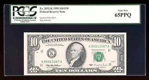 DBR 1995 $10 FRN Dallas Gem Fr. 2032-K PCGS 65 PPQ Serial K95813387A - Picture 1 of 2