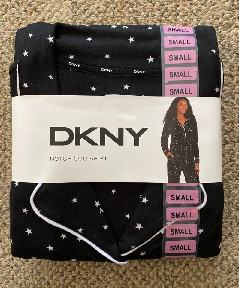 Womens DKNY 2 Piece Notch Collar PJ Set Black Star Print Size S Pajamas Sleep