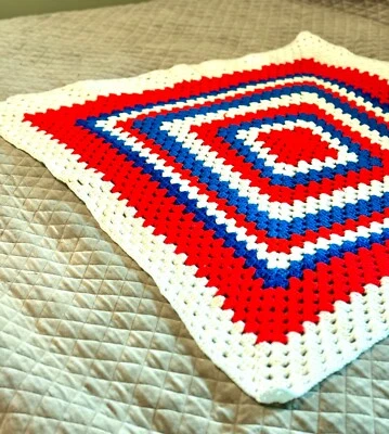 Handmade Crochet Lap, Throw, Baby Blanket - RED WHITE BLUE 40” Granny square - Image 1 of 4