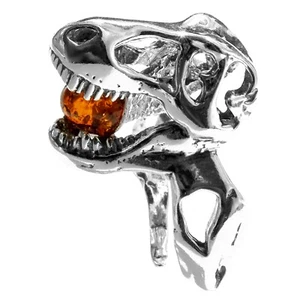 925 Solid Sterling Silver Honey Baltic Amber Jurassic Park T-Rex Adjustable Ring - Picture 1 of 8