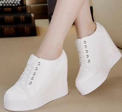 Женщин на танкетке платформе кроссовки высокий каблук моды шнурует вверх круглый носок повседневные туфли - Изображение 1 из 4
