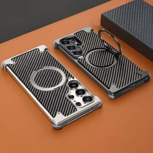 Magnetic Carbon Fiber Aluminum Metal Frameless Stand Case For Samsung S25 Ultra - Picture 1 of 13