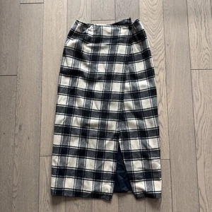 Vintage DKNY Beige Black Plaid Wool Blend Wrap Maxi Skirt Size M - Picture 1 of 6