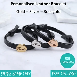 Personalised Engraved Womens Leather Bracelet -Silver Rose Gold Christmas Gift - Picture 1 of 9