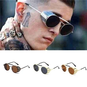 Men's Vintage Goggles Metal Side Shield Design Retro Steampunk Round Sunglasses - Picture 1 of 23