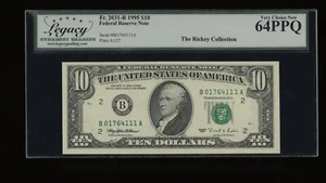 DBR 1995 $10 FRN New York Fr. 2031-B Legacy 64 PPQ Serial B01764111A - Picture 1 of 2