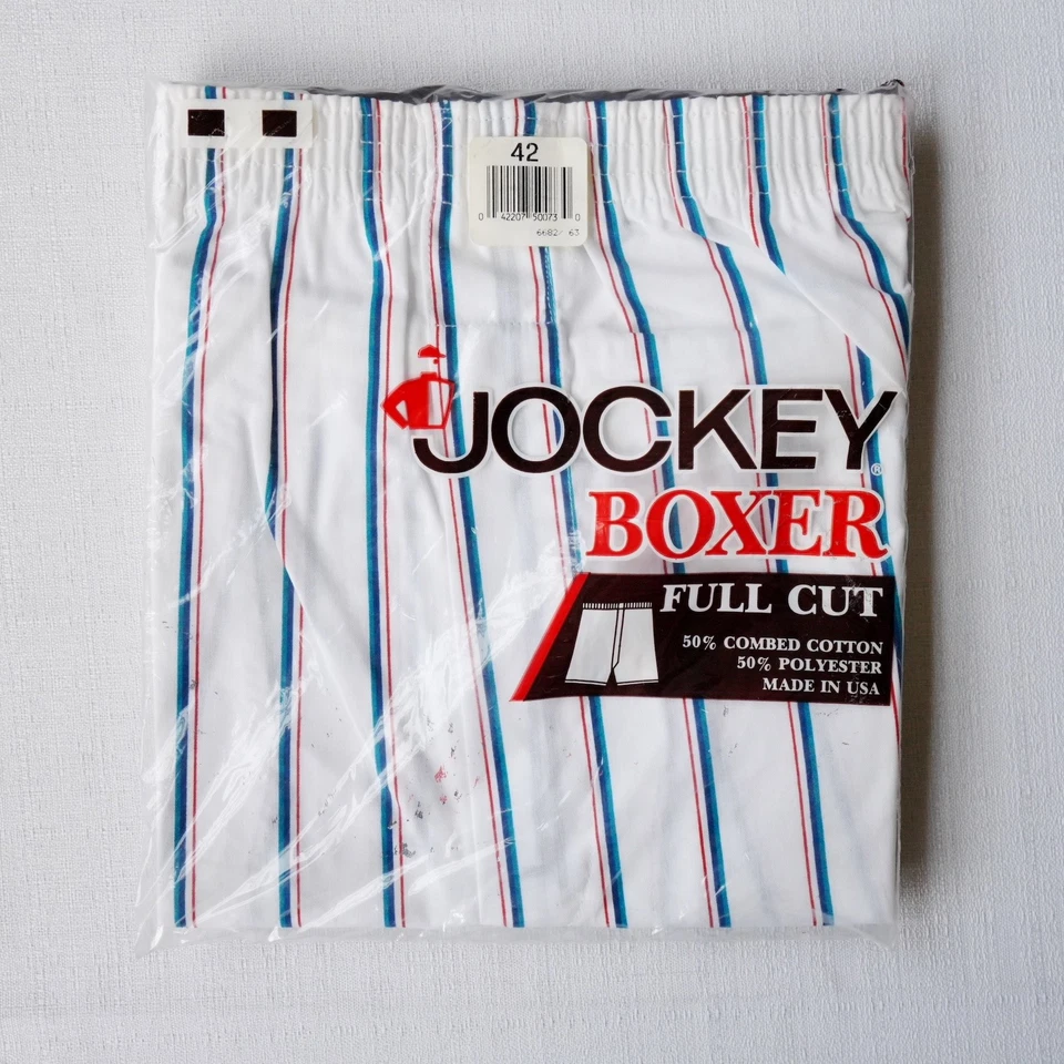 Vintage Jockey Boxer Shorts Mens 42 White Blue Red Stripe Full Cut Made USA 80s - Image 1 of 4