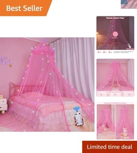 Kids Bed Canopy with Lights Timer Remote Breathable Mesh Princess Decor Pink - Picture 1 of 9
