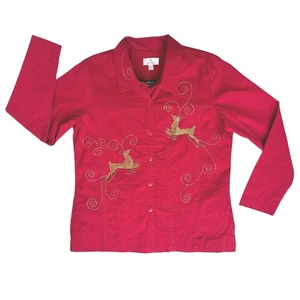 Quacker Factory Red Christmas Jacket Womens Medium Beaded Reindeer Glittered - Picture 1 of 16
