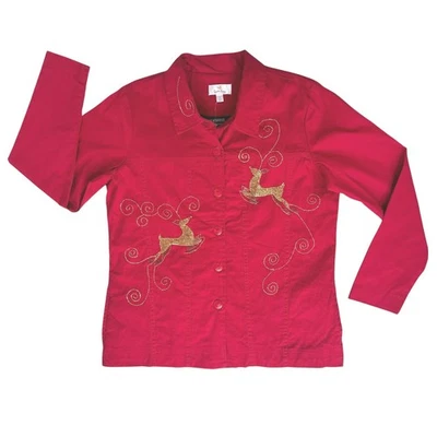 Quacker Factory Red Christmas Jacket Womens Medium Beaded Reindeer Glittered - Image 1 of 4