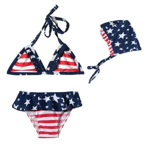 American Flag Independence Day Size 5-6 Toddler Girl Swimsuits Beach 3 Piece ... - Picture 1 of 8