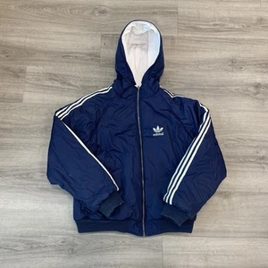 Vintage 90s Adidas Reversible Hooded Stadium Blue Puffer Jacket Men’s Size Large - Picture 1 of 12