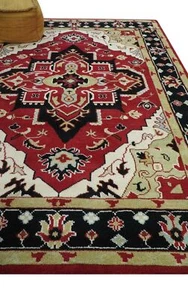 Custom Made Red, Black, Ivory And Beige Hand Knotted Wool Area Rug - Picture 1 of 10