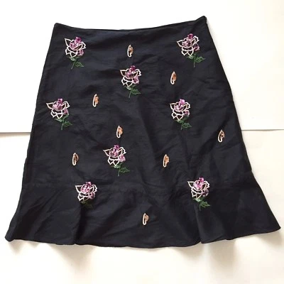 Falda Odille Anthropologie Negra Seda Floral Terciopelo Bordado Línea A Talla 8 Foto 1 de 4