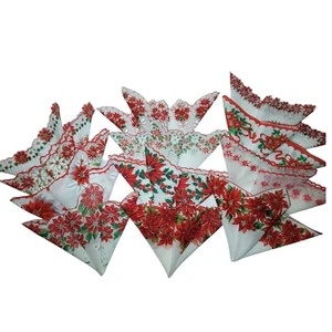 Vintage Hankerchiefs 12 Christmas Poinsettia Scalloped Embroidered Edge Foliage - Picture 1 of 18