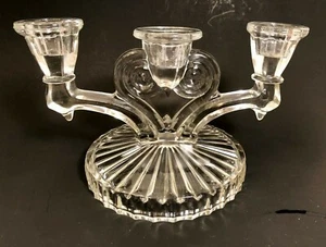 Vintage Pair Art Deco Pressed Clear Glass Triple Light Taper Candle Holders - Picture 1 of 6