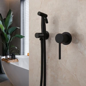 Black Wall Mount Bathroom Bidet Faucet Toilet Sprayer Mixer Shower Tap Hose Hook - Picture 1 of 11
