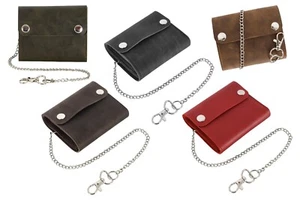 Mens Leather Biker Wallet with safety chain Trifold motorcycle Card Holder Purse - Picture 1 of 23