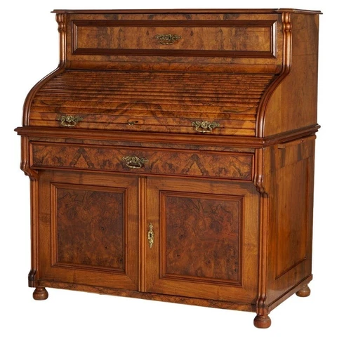 Antique English Burled Walnut & Mahogany Ladies Roll Top Desk Circa 1890 Cover