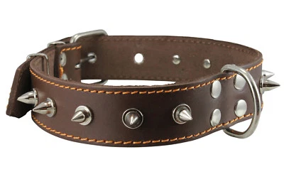 DOGS MY LOVE Genuine Leather Dog Collar Spiked Brown 17"-22" neck 1.5" wide Amstaff Pittbul