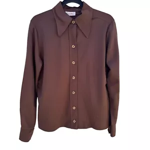 Lee Mar Pageantry Vintage 70s Womens Knit Brown Point Collar Button-Up Shirt M/L - Picture 1 of 7