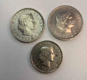 LOT of (3) Switzerland coins 20 & 10 Rappen 1965, 1970, 1975 KM# 27 & 29 Nickel - Picture 1 of 4