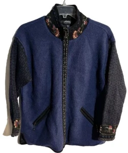 Icelandic Design Sz L Wool Blue Cardigan Zip Sweater Embroidered Flowers Women - Picture 1 of 13
