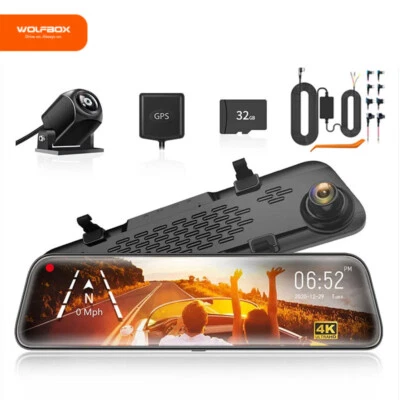 WOLFBOX 12" G840S Mirror 4K Dash Cam Backup Camera 2160P Full HD Free SD & GPS