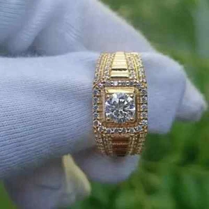Round Cut Simulated Diamond Men's Engagement Band Ring 14k Yellow Gold Plated - Picture 1 of 5