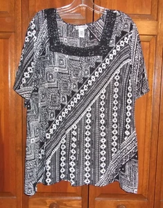 Catherines SS  Black White Semi-Sheer Pleated Lace Trim Square Neck  Top - 2XWP - Picture 1 of 6