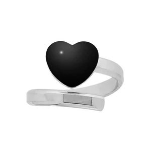 Anello Aperto Cuore Smalto Nero in Argento 925 Galvanica Rodio - Picture 1 of 1