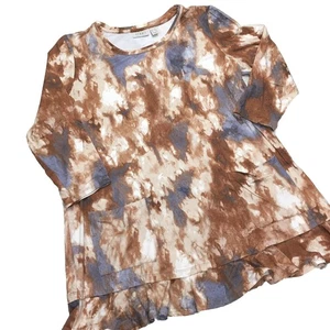LOGO by Lori Goldstein Tunic Top Women M Brown Tie Dye Ruffle Hem Boho Artsy - Picture 1 of 11