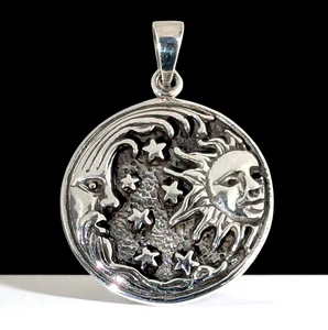 Sun Crescent Moon Pendant STERLING SILVER Celestial Protective Amulet Medallion  - Picture 1 of 2