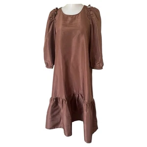 NEW Anniewear Puff Sleeve Midi Dress Pockets 3/4 Sleeve Women’s Size Small Brown - Bild 1 von 11