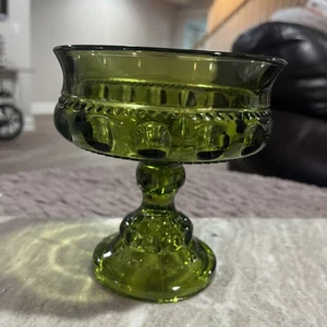 Vintage Indiana Glass Kings Crown Thumbprint Footed Avocado Green Candy Dish MCM - Picture 1 of 14