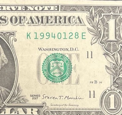 January 28, 1994 (K 19940128 E) BIRTHDAY Note $1 One Dollar Bill - Image 1 of 3