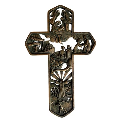 Cross Wall Plaque Biblical Scenes Jesus Ministry Bronze Brown Color Resin - Image 1 of 4