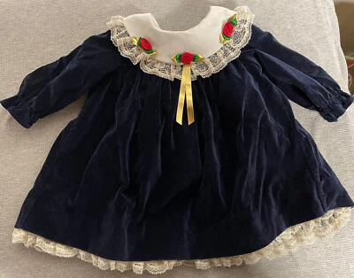 Vestido Vintage Azul Marino Terciopelo 6-9 Meses Bebé Niña De 1980 Encaje Borde Roseta Foto 1 de 4