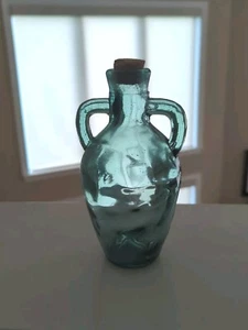 Sea Green Glass Jug Bottle Double Handled Hand Blown Glass Look 7” Tall Vintage - Picture 1 of 11