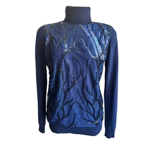 Joseph A. Navy Blue Sequin Turtleneck Long Sleeve Women’s Sweater Size Small - Picture 1 of 8