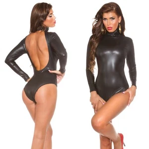 Sexy Koucla Black Wetlook Bodysuit Body Top Open Back Long Sleeve Clubwear Party - Picture 1 of 14