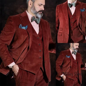 Traje de pana para hombre 3 piezas a rayas ocio lujo esmoquin novio graduación traje de invierno - Imagen 1 de 9