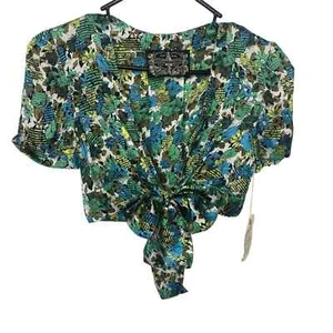 James Coviello Größe 4 Blumendruck Satin Kurzarm vorne zum Binden Cropped Top Neu mit Etikett - Bild 1 von 5