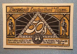 altes Notgeld 50 Pfennig Bergstadt Lautenthal im Harz Waldkater 30. Oktober 1921 - Bild 1 von 2