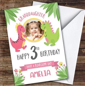Dinosaur Pink Photo Granddaughter 3rd Custom Personalised Birthday Card - Picture 1 of 1