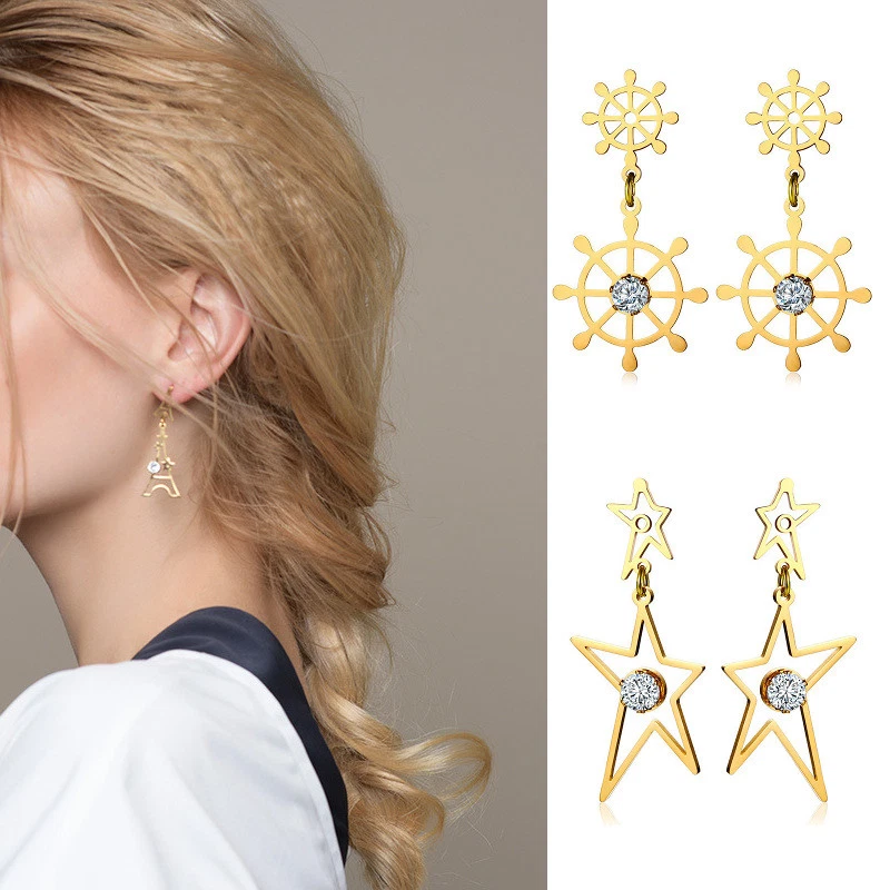 Damen Ohrstecker Ohrhänger Doppel Muster Edelstahl Vergoldet Gold-Farbe Ohrringe - Bild 1 von 1