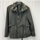 Braetan Womens Full Zip Coat Gray Heathered Faux Fur Collar Wool Blend Belted L