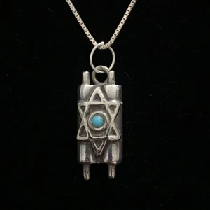 Sterling Silver Torah Scroll Star Of David Pendant Necklace Eilat Stone 18" Chai - Picture 1 of 7